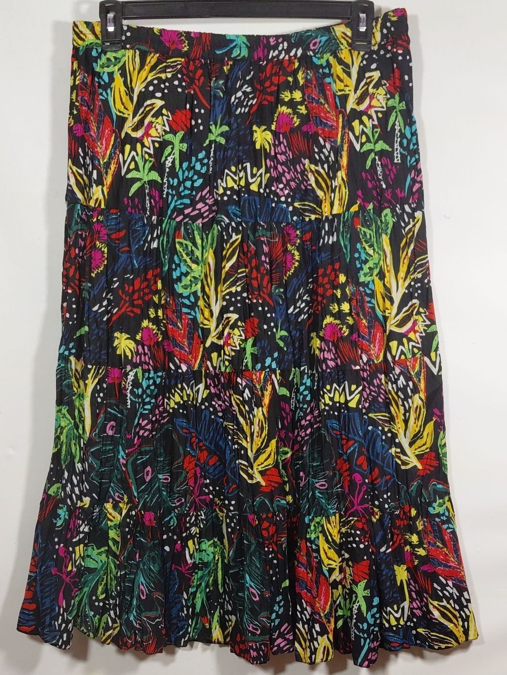 Serengeti Black Tiered Pleated Midi Skirt Multicolor Floral Tropical Print XL